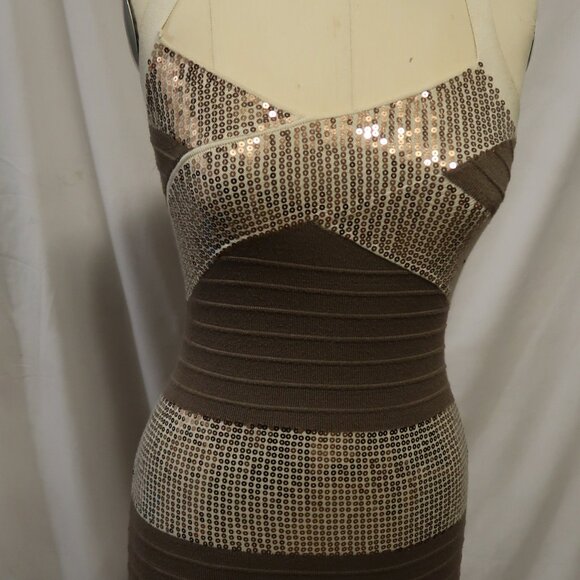 Beige and Brown Sequin Bandage Bodycon Dress - Picture 1 of 9
